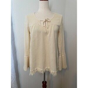 Black Swan Cream Boho Peasant Top Tassel Tie Fringe Hem Rayon Women’s Size S